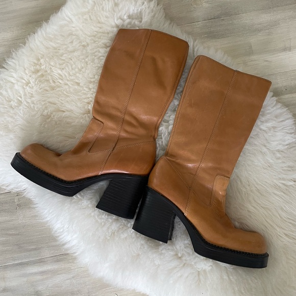SOLD-Vintage Y2K chunky platform square toe Nine West camel leather boots - Picture 3 of 16